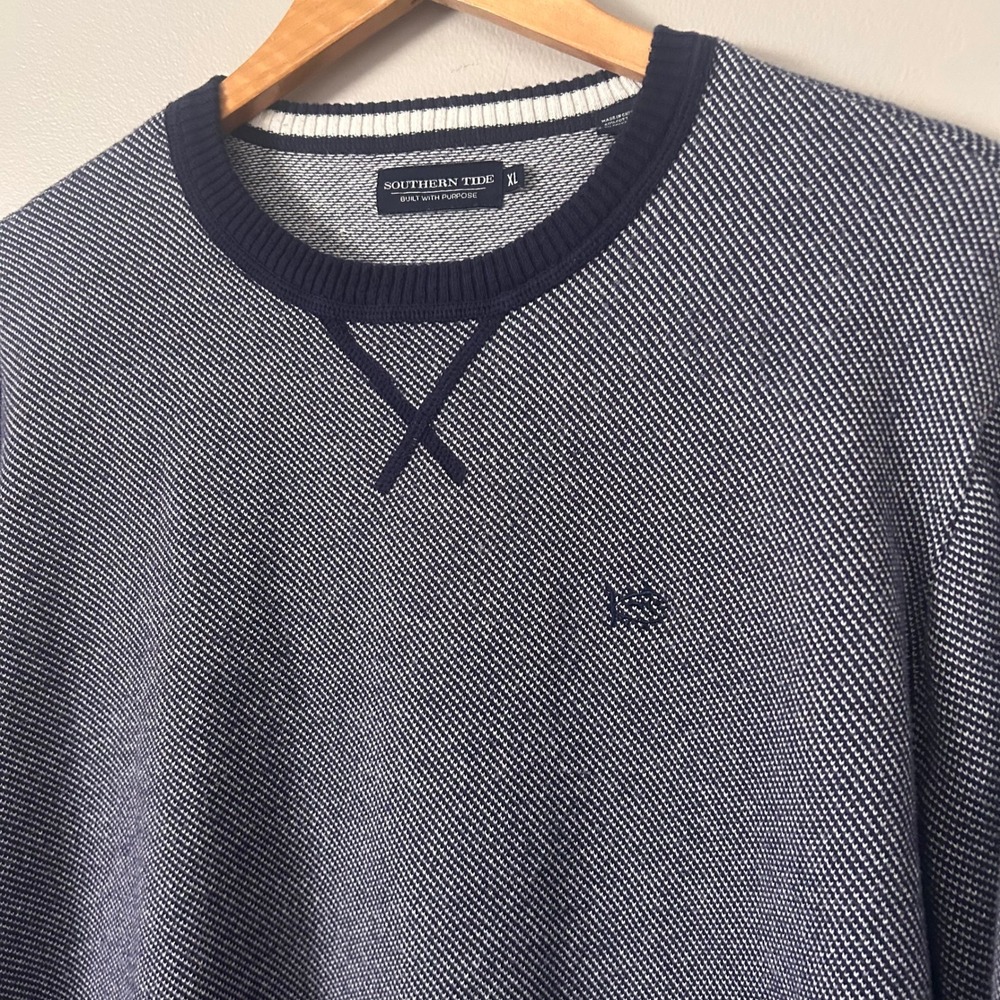 Southern Tide Sweater Mens XL Navy Blue White Crewneck Textured Cotton Blend